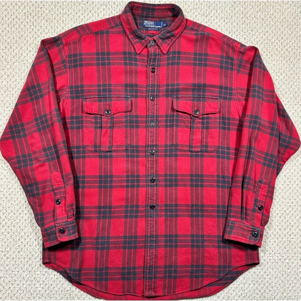 Vintage Polo Ralph Lauren Flannel Mens XL Red Tartan Plaid Heavyweight Relax Fit